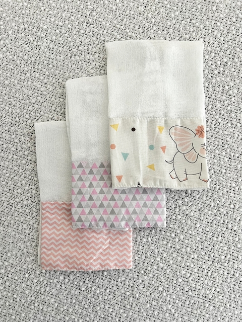 Trio de Boca - Elefante Patinadora + Triangulozinho Rosa e Cinza + Chevronzinho Rosa