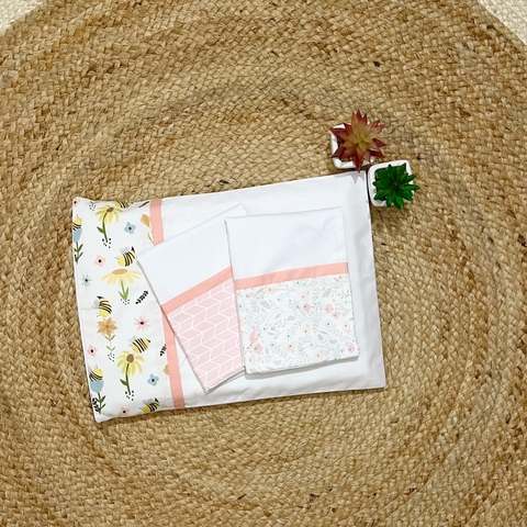Trio de Fronhas Para Travesseiro - Abelha + Espinha de Peixe Rosa + Pássaros no Jardim