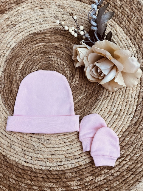 Kit Touca e Luvas Para Bebê - Rosa
