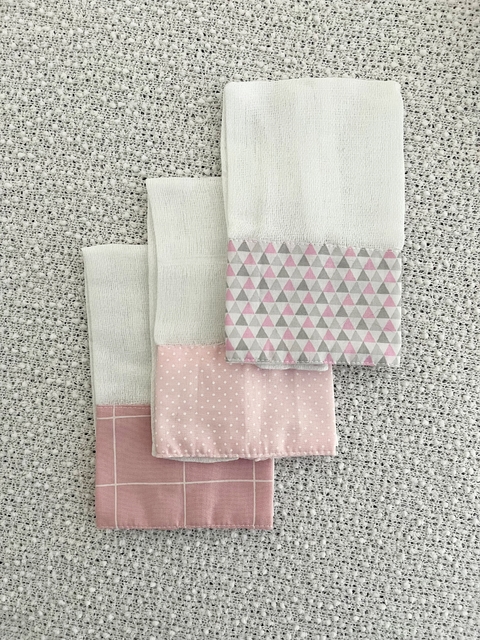 Trio de Boca - Triangulozinho Rosa com Cinza + Poá Rosa + Grid Rosa