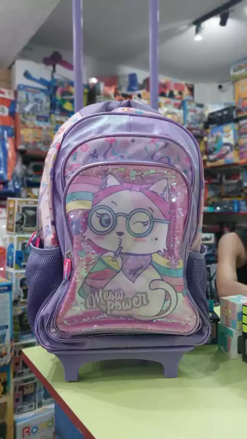 Mochila con Carrito 18” Diseño Gatita con Glitter – Ideal para la Escuela