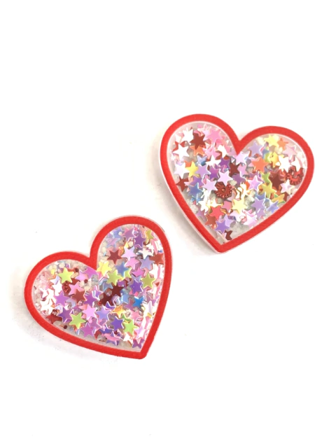 APLIQUE CORAÇÃO VERMELHO ACRÍLICO ESTRELA FURTA COR - 2 UNIDADES