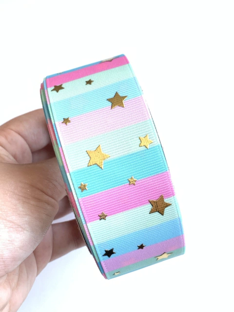 FITA GORGURÃO ESTRELADA LISTRAS COLORIDAS - 38MM - 2M