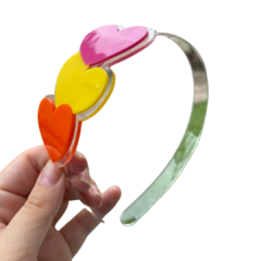 APLIQUE TIARA TRANSPARENTE TRIO CORAÇÃO CORES FORTES ACRILICO ADL - 9CM - 1 UNIDADE
