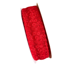 FITA ORGANZA BORDADA FLORES VERMELHA - 38MM - 1 METRO