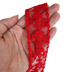 FITA ORGANZA BORDADA FLORES VERMELHA - 38MM - 1 METRO - comprar online