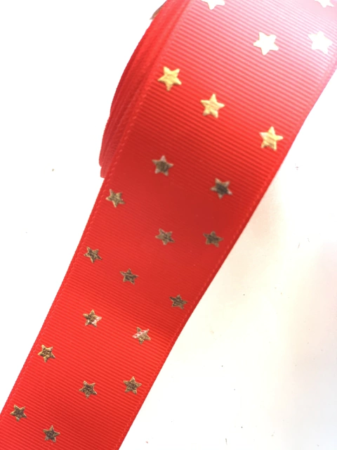 FITA GORGURÃO VERMEHA ESTRELA DOURADA - 40MM - 2M