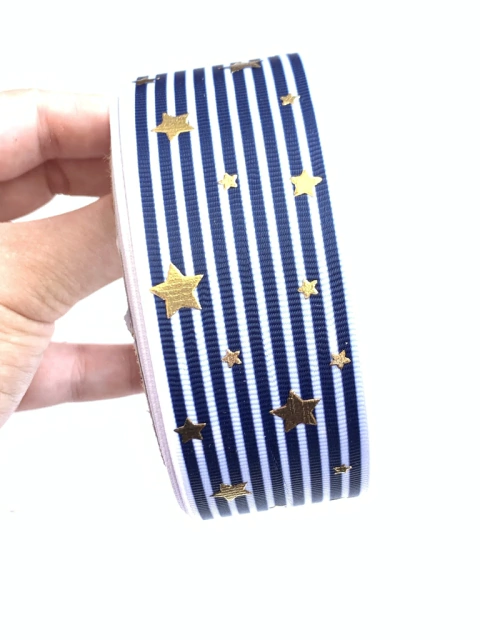 FITA GORGURÃO ESTRELADA LISTRAS AZUL MARINHO - 38MM - 2M