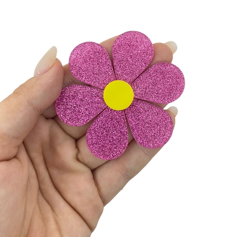 APLIQUE FLOR MARGARIDA ACRÍLICO GLITTER - PINK - 6CM - 1 UNIDADE