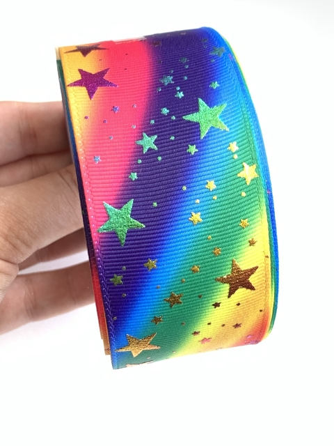 FITA GORGURÃO ESTRELA ARCO ÍRIS CORES FORTES - 40MM - 4.5M