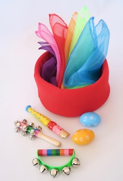 Set de 5 Instrumentos + Set 7 Pañuelos Sensoriales + Canasta ROJA