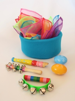 Set de 5 Instrumentos + Set 7 Pañuelos Sensoriales + Canasta TURQUESA