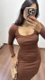 Imagem do Vestido Canelado Ribana Longo Longuete Manga Longa Decote Quadrado Zoe Marrom