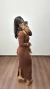Vestido Canelado Ribana Longo Longuete Manga Longa Decote Quadrado Zoe Marrom