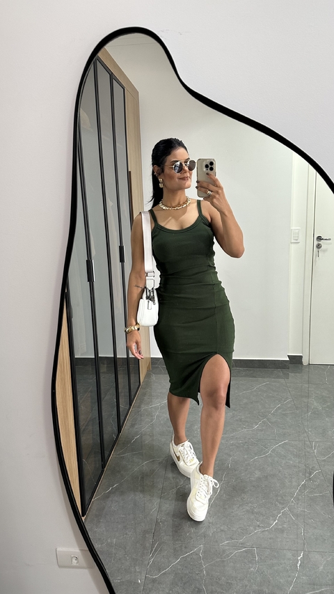 Vestido Canelado Ribana Alça Midi Fenda Bojo Gabi Verde Militar