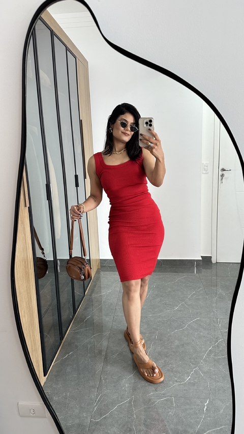 Vestido Canelado Ribana Midi Tubinho Decote Quadrado Carol Vermelho