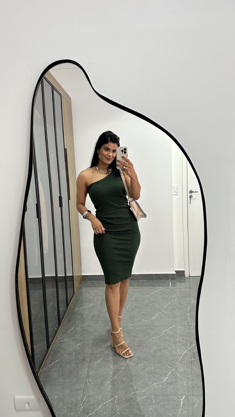 Vestido Canelado Ribana Midi Nula Manga Laura Verde Militar