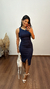 Vestido Canelado Ribana Midi Fenda Cruzada Regata Sabrina Azul Marinho