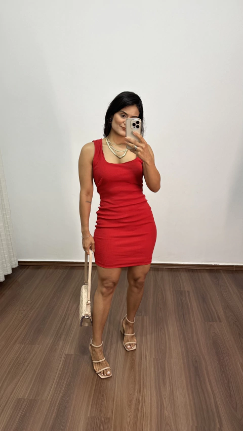 Vestido Canelado Ribana Curto Regata Decote Quadrado Lívia Vermelho