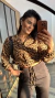 Camisa Blusa Cropped Visco Crepe Manga Longa Botões Onça