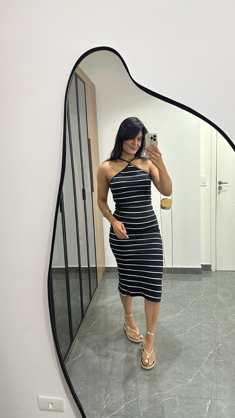 Vestido Canelado Ribana Midi Frente Única Fenda Traseira Talia Listrado Preto/Branco - comprar online