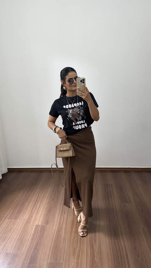 Saia Canelada Ribana Midi Longa Longuete Fenda Isadora Marrom - comprar online