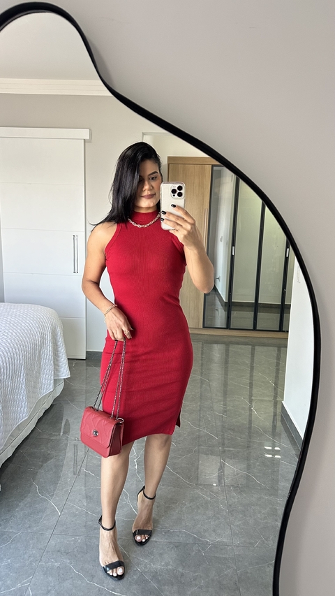 Vestido Canelado Ribana Midi Regata Gola Alta Cecília Vermelho