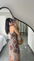 Imagem do Vestido Midi Tule Forro Frente Única Fenda Lateral Estampado Camila Verde