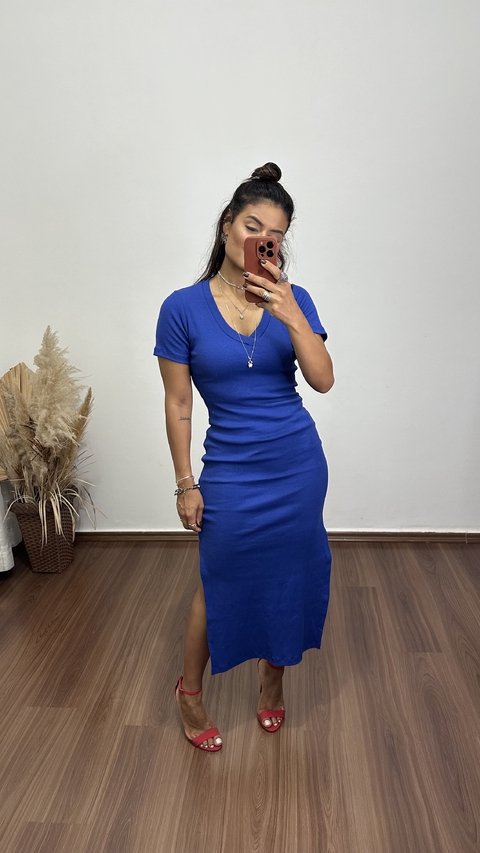 Vestido Canelado Ribana Longo Longuete Gola V Manga Curta Rebeca Azul Royal