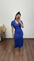 Vestido Canelado Ribana Longo Longuete Gola V Manga Curta Rebeca Azul Royal