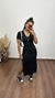 Vestido Canelado Ribana Longo Longuete Gola V Manga Curta Rebeca Preto