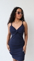 Vestido Canelado Ribana Alça Bojo Decote Nó Isabela Azul Marinho - comprar online