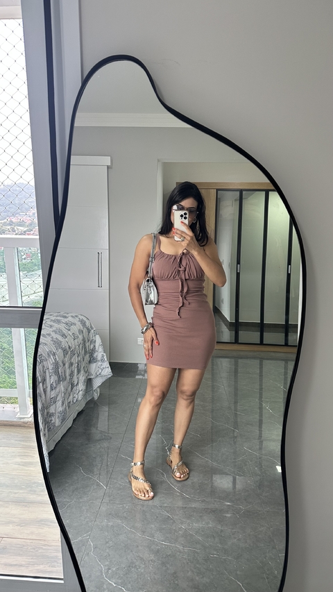 Vestido Canelado Ribana Alça Franzido Maitê Nude Chocolate