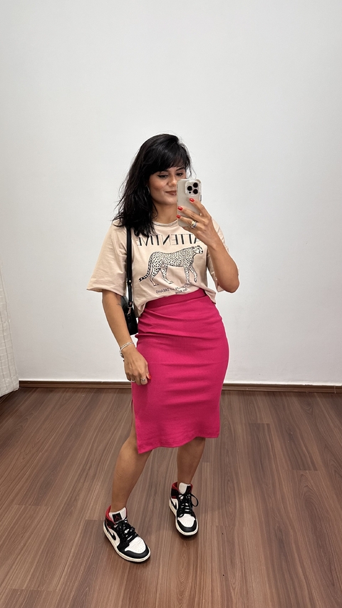 Saia Canelada Ribana Midi Fenda Cléo Rosa Pink