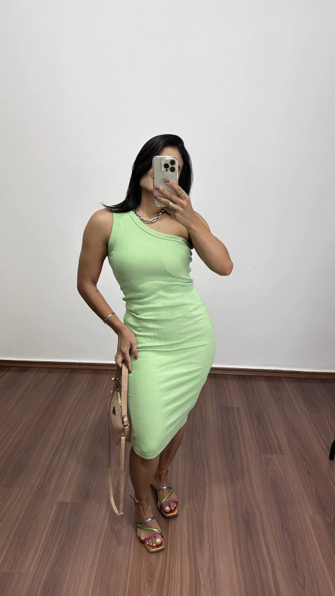 Vestido Canelado Ribana Midi Nula Manga Laura Verde Menta
