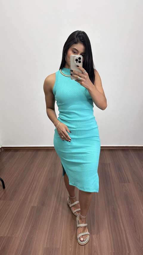 Vestido Canelado Ribana Midi Regata Gola Alta Cecília Verde Água