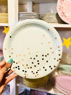 Plato Pastel con Lunares Dorado x 10 en internet