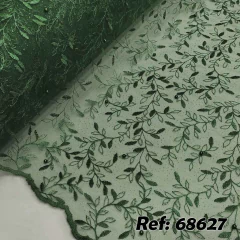 Tecido Tule Bordado Celeris Verde Floresta para Vestidos de Festa.