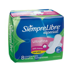 SIEMPRE LIBRE TOALLAS FEMENINAS ESPECIAL ULTRAFINA CON ALAS X 8 UNIDADES (7790010669085)