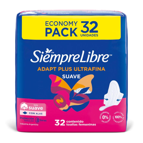 SIEMPRE LIBRE TOALLAS FEMENINAS ADAPT PLUS ULTRAFINA TELA SUAVE CON ALAS X 32 UN (7790010002745)