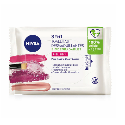 NIVEA TOALLITAS DESMAQUILLANTES BIODEGRADABLES PARA PIEL SECA - ROSTRO, OJOS Y LABIOS X 25 UNIDADES (4005900985811)