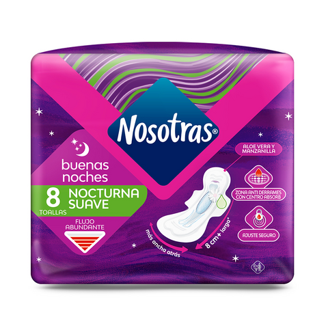 NOSOTRAS TOALLITAS FEMENINAS NOCTURNA SUAVE CON ALAS X 8 UNIDADES (7790770601622)