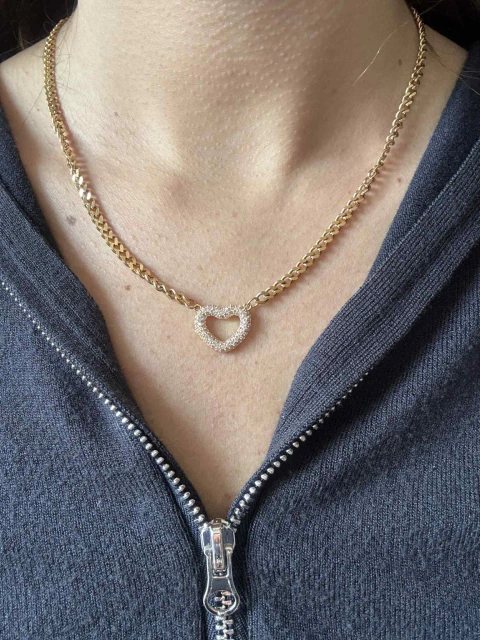 Collar corazon central con pave acero gold - comprar online