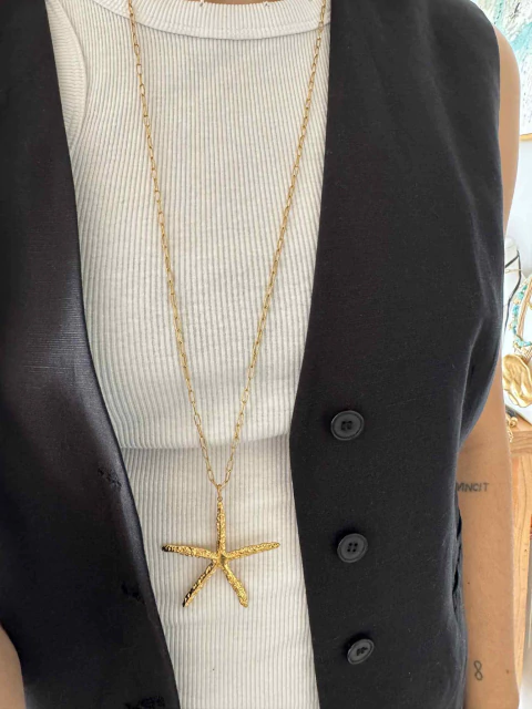Collar largo con estrella xl acero gold
