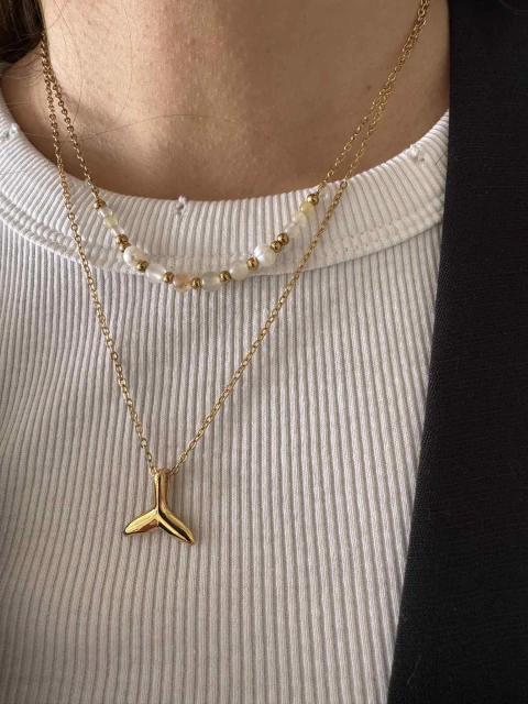 Collar doble piedras y dije acero gold