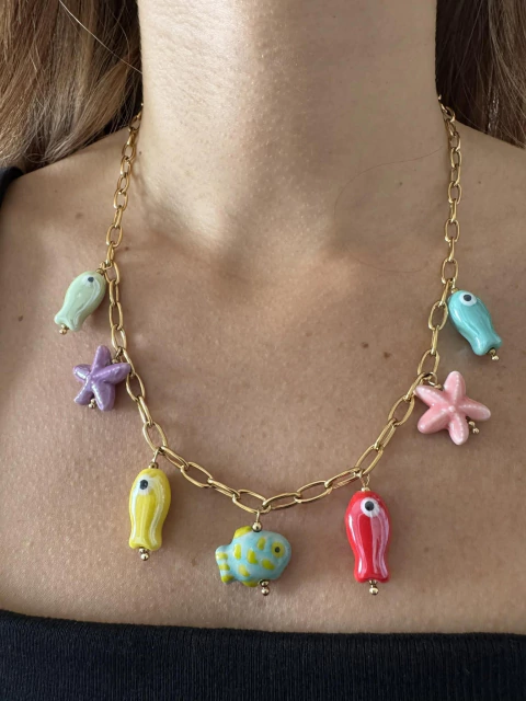 Collar Fish acero gold