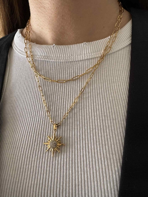Collar doble sol con pave acero gold