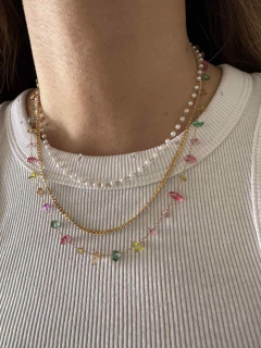 Collar triple con piedras y perlas acero gold - comprar online