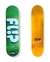 Skateboard Shape FLIP importado na cor verde com logo, lado frontal e lado traseiro em amarelo.