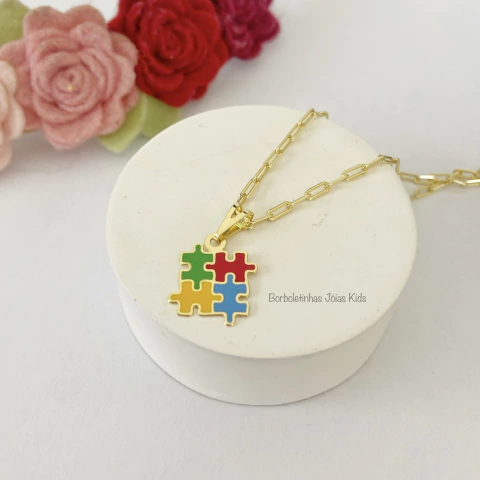 Colar Infantil Autismo Quebra-Cabeça para Menino Banhado a Ouro